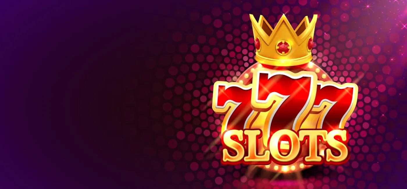A golden crown resting on a glowing red-and-gold 777 slot symbol above the word SLOTS, on a deep purple background with a magenta halftone glow